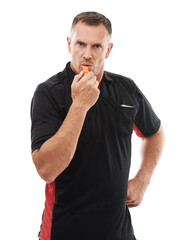 Portrait, referee or man blowing whistle as a warning or penalty review in sports or soccer game....