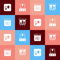 Set pop art Megaphone, Consumer product rating, Advertising and Board with graph chart icon. Vector