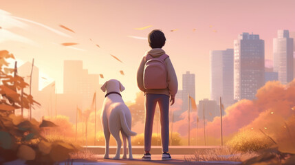 Back view of an adventurous child and his loyal dog exploring the urban landscape, filled with curiosity and excitement. Generative AI