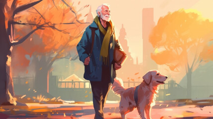 An old man and his loyal companion enjoy a peaceful stroll amidst the urban landscape. Generative AI 