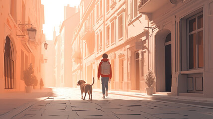Back view of a young boy and his furry friend walking down the city streets, enjoying each other's company. Generative A