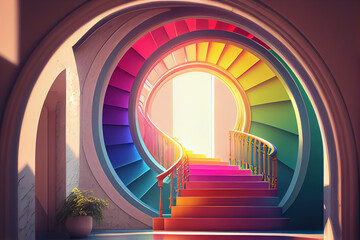 Rainbow staircase going up. Pride concept, AI