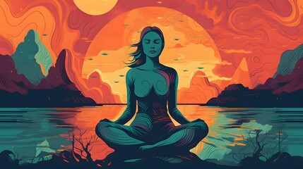 Illustration of a girl in a yoga pose, meditating, relaxing, mindfulness, wallpaper background