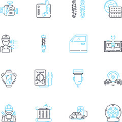 Vehicle Care linear icons set. Detailing, Waxing, Polishing, Cleaning, Maintenance, Tires, Oil line vector and concept signs. Engine,Battery,Brakes outline illustrations