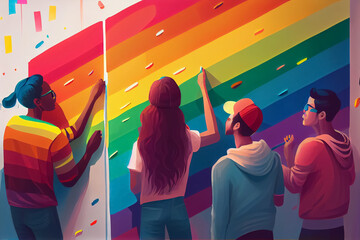 People of different nationalities indoors paint with rainbow paint on the wall. Pride concept, AI