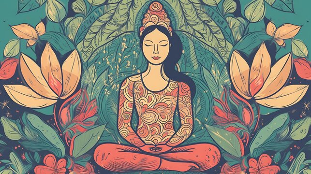 Illustration of a girl in a yoga pose, meditating, relaxing, mindfulness, wallpaper background