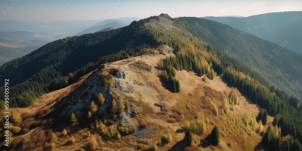 Poster A view from a height of a mountain peak with green trees in the fog.Aerial view. Panoramic shot. Generative AI