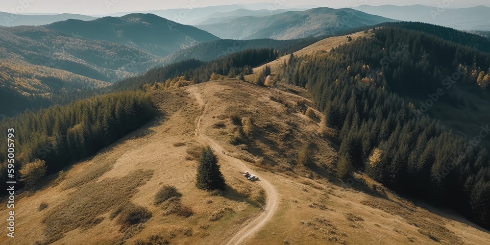 Poster A view from a height of a mountain peak with green trees in the fog.Aerial view. Panoramic shot. Generative AI