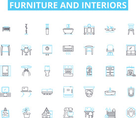 Furniture and interiors linear icons set. Minimalist, Vintage, Industrial, Contemporary, Rustic, Modern, Handcrafted line vector and concept signs. Sustainable,Mid-Century,Chic outline illustrations