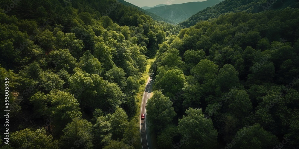 Poster bird's-eye view of the road in the middle of the forest.aerial view. panoramic shot. generative ai