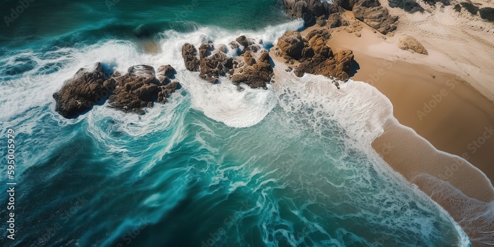 Poster top view of a beautiful tropical beach with sea waves.aerial view. panoramic shot. generative ai