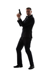 Portrait, gun and spy agent with a man in a suit or tuxedo for style. Mission, bodyguard and...
