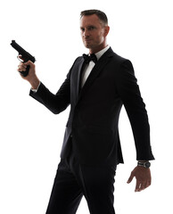 Portrait, gun and man in tuxedo or professional secret service on isolated, transparent or png...
