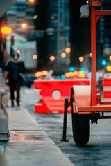Sidewalk in Chicago, lined with concrete block barriers and signs