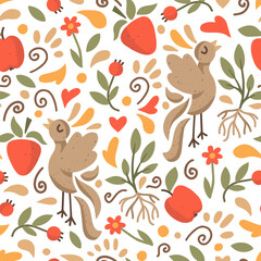 Folklore style seamless pattern with natural elements- berries, birds, leaves. Cute summer vector texture in scandinavian style. Vector nordic background 