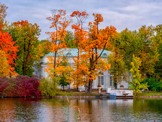 Concert Hall on island of grand pond in autumn in Catherine park, Pushkin (Tsarskoe Selo), Saint...