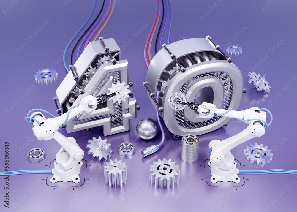 Aufkleber industry 4.0 in robotics. two robotic arms assembling the number 4.0 from mechanical parts are on re