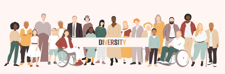 Diversity. People stand side by side together. Flat vector illustration.