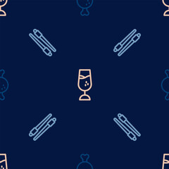 Set line Chicken leg, Food chopsticks and Wine glass on seamless pattern. Vector