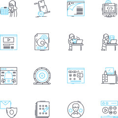Virtual Reality linear icons set. Immersive, Innovative, Futuristic, Mind-bending, Engaging, Interactivity, Presence line vector and concept signs. Spatial,Impressive,Simulated outline illustrations