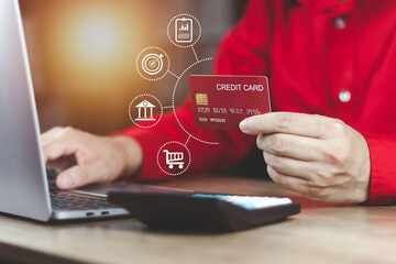 digital marketing business man using laptop computer payment money banking electronic with internet network online technology after key order buy credit card on shopping application success