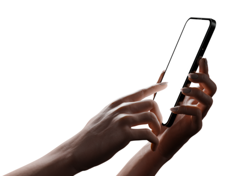 A woman's hand holds a smartphone with an empty bezel-less screen and clicks on the screen - a phone app template.  Dark scene with subtle lighting
