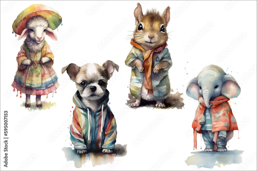Poster safari animal set sheep, dog, squirrel and elephant in 3d style. isolated . generative ai