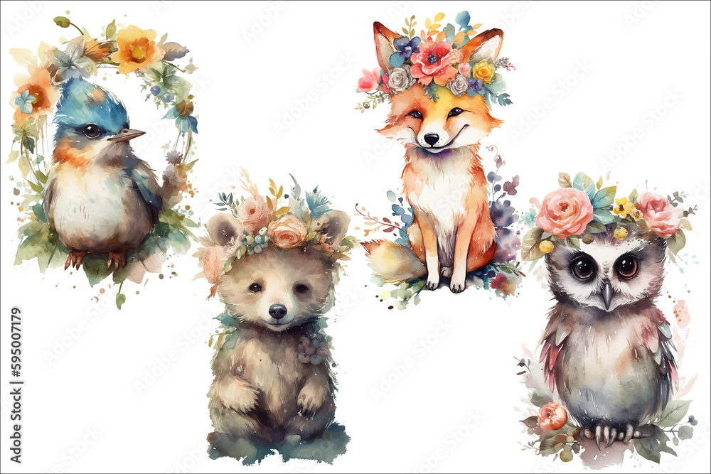 Poster Safari Animal set a bear, a fox, an owl and a small bird with a flower wreath on its head in 3d style. Isolated . Generative AI