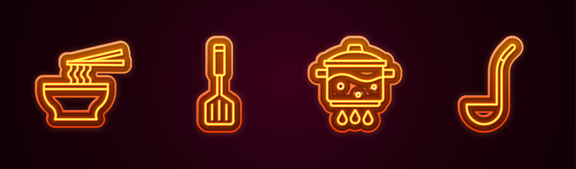 Set line Asian noodles in bowl, Spatula, Cooking pot on fire and Kitchen ladle. Glowing neon icon. Vector