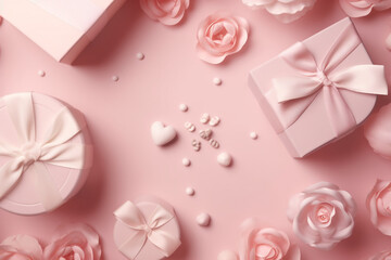 Happy Mother's Day decorations concept. Top view photo of stylish gift boxes with ribbon bows white and pink roses small hearts pink background with copy space, Generative AI	