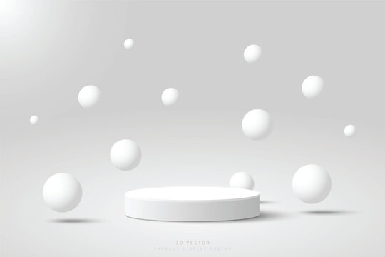 Abstract white gray 3d cylinder podium pedestal or stage for show product with balls floating or bouncing up and down on the air. Round 3D stage scene for showcase. Vector geometric platforms design.