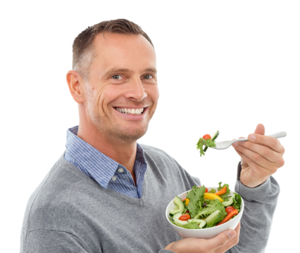 Healthy food, salad or portrait of happy man with a smile isolated on transparent png background. Face, hungry or mature person eating vegan diet meal to lose weight, nutrition vitamins or wellness