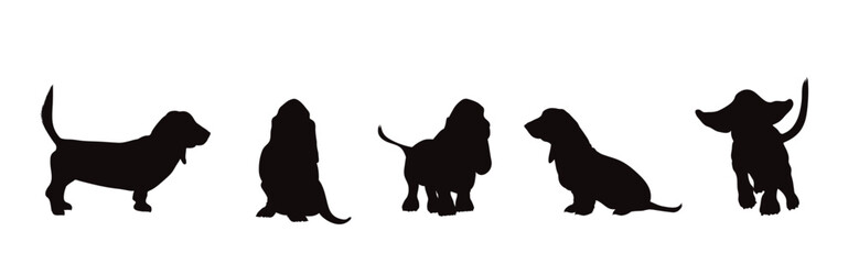 Vector silhouette of set of dogs on white background.