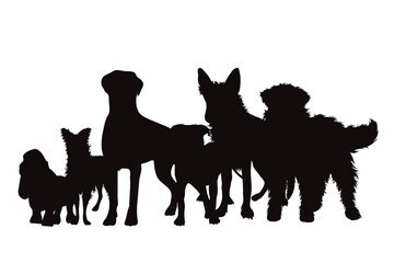 Vector silhouette of group of dogs on white background.