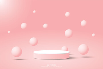 Abstract white pink 3d cylinder podium pedestal or stage for show product with balls floating or bouncing up and down on the air. Round 3D stage scene for showcase. Vector geometric platforms design.