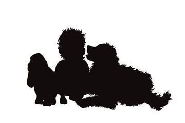 Vector silhouette of toddler with dogs on white background.