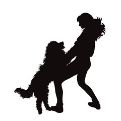 Vector silhouette of dancing woman with her happy dog on white background.