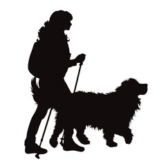 Vector silhouette of woman with nordic walking sticks and her dog on white background. Symbol of sport and pet.