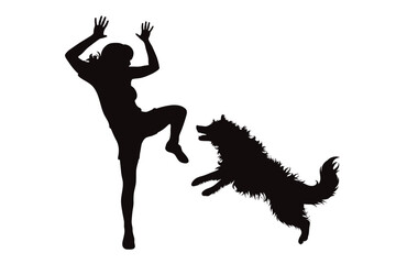 Vector silhouette of a woman attacked by a dog on white background.