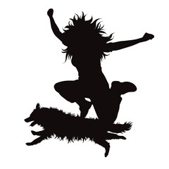 Vector silhouette of jumping woman with her happy dogs on white background.