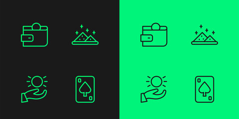 Set line Playing cards, Ball levitating above hand, Wallet and Magic powder icon. Vector