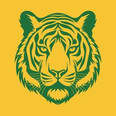 Vector illustration of wild animal. Hand drawn silhouette. Yellow background, green tiger engraving style illustration	
