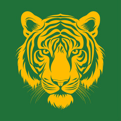 Vector illustration of wild animal. Hand drawn silhouette. Green background, tiger engraving style illustration	
