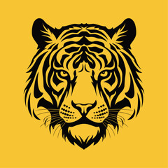 Vector illustration of wild animal. Hand drawn silhouette. Tiger engraving illustration, yellow background	
