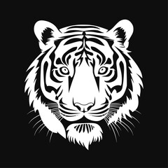 Vector illustration of wild animal. Hand drawn silhouette. Tiger engraving illustration, black background	
