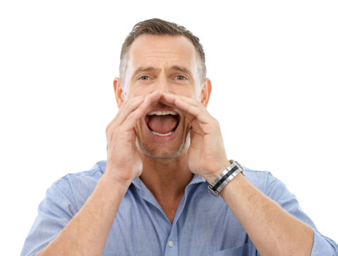Shouting, portrait or crazy businessman with a loud announcement screaming or yelling for sales promotion. Voice opinion, talk or mature person in communication isolated on transparent png background