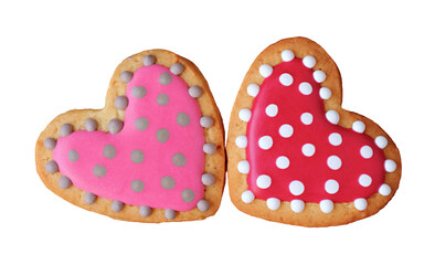 Pair of lovely dotted patterned royal icing heart shaped cookies on transparent background, PNG file