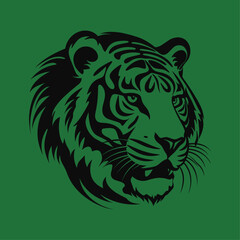 Vector illustration of wild animal. Hand drawn silhouette. Black tiger engraving illustration, green background	