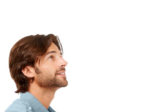 Thinking, idea and face of man looking up on isolated, png and transparent background for vision. Brainstorming, wonder and profile of male person with question for news, information and announcement