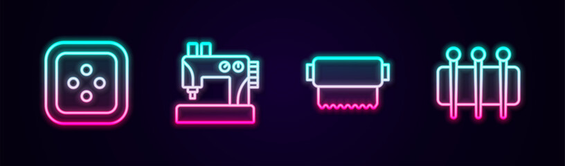 Set line Sewing button for clothes, machine, Textile fabric roll and Needle sewing. Glowing neon icon. Vector